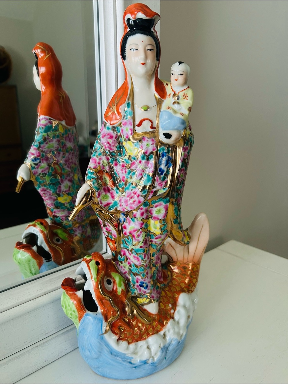 Vintage Hand Painted Porcelain Guanyin or Quan Yin Statue w/Child & Dragon Fish